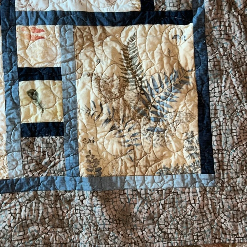 Handmade Patchwork throw Quilt with Earth Tones Ferns Fall 48” x 68”